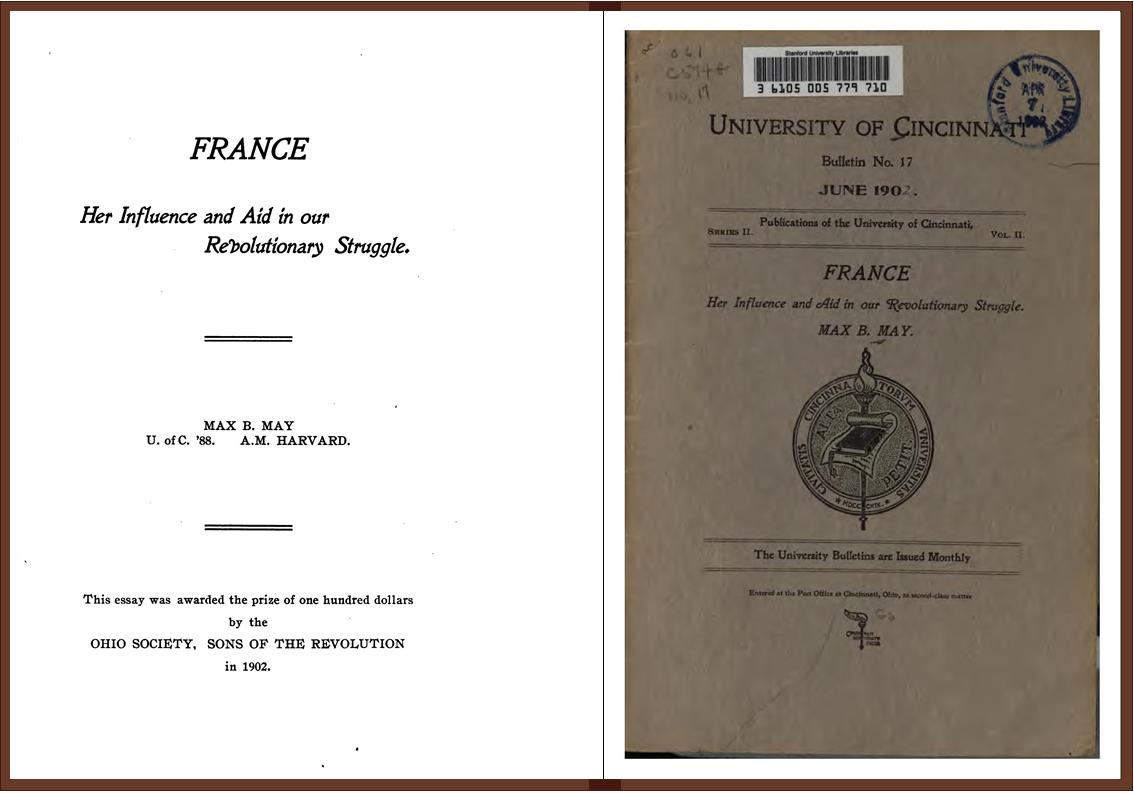 FRANCE    Her Influence and Aid in our Revolutionary Struggle (MAX B. MAY, 1902)