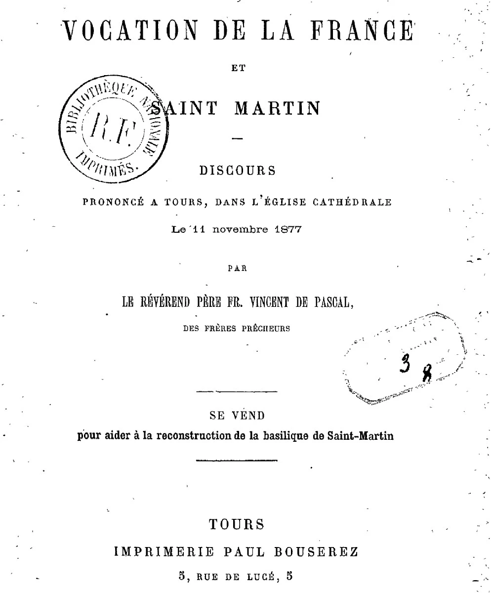 La vocation de la France et Saint Martin (Père fr. Vincent de Pascal, 1877)