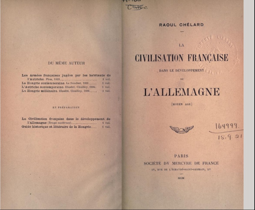 La civilisation française dans le développement de l'Allemagne, moyen âge, Paris Société du mercure de France, 1900
