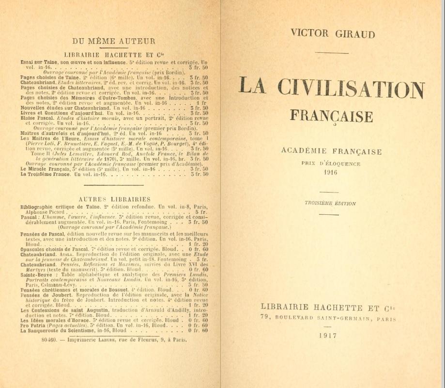 Le rôle historique de la France (in La civilisation française, p. 36-51, Giraud, Victor, 1917)