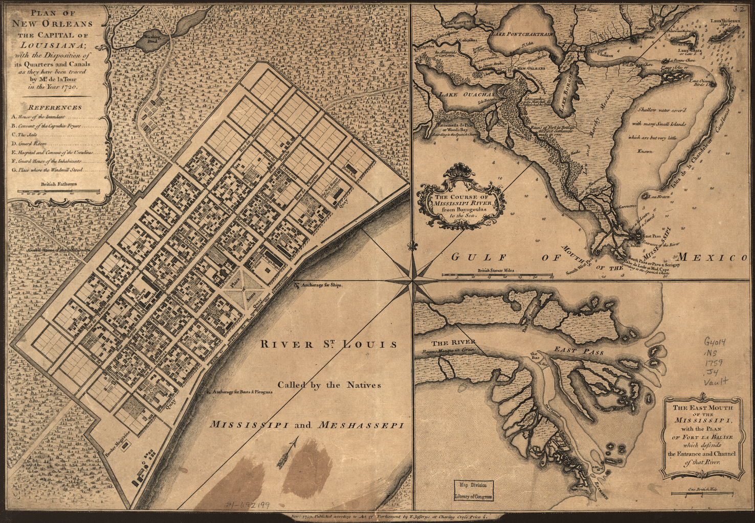 Plan de La Nouvelle-Orléans, capitale de la Louisiane, avec l’emplacement de ses quartiers et cours d’eau tels qu’ils ont été tracés par M. de la Tour en l’an 1720  | BNM