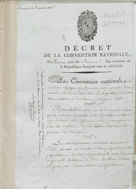30 octobre 1794 Le 9 brumaire an III, la Convention crée l’École normale supérieure | Archives Gouv