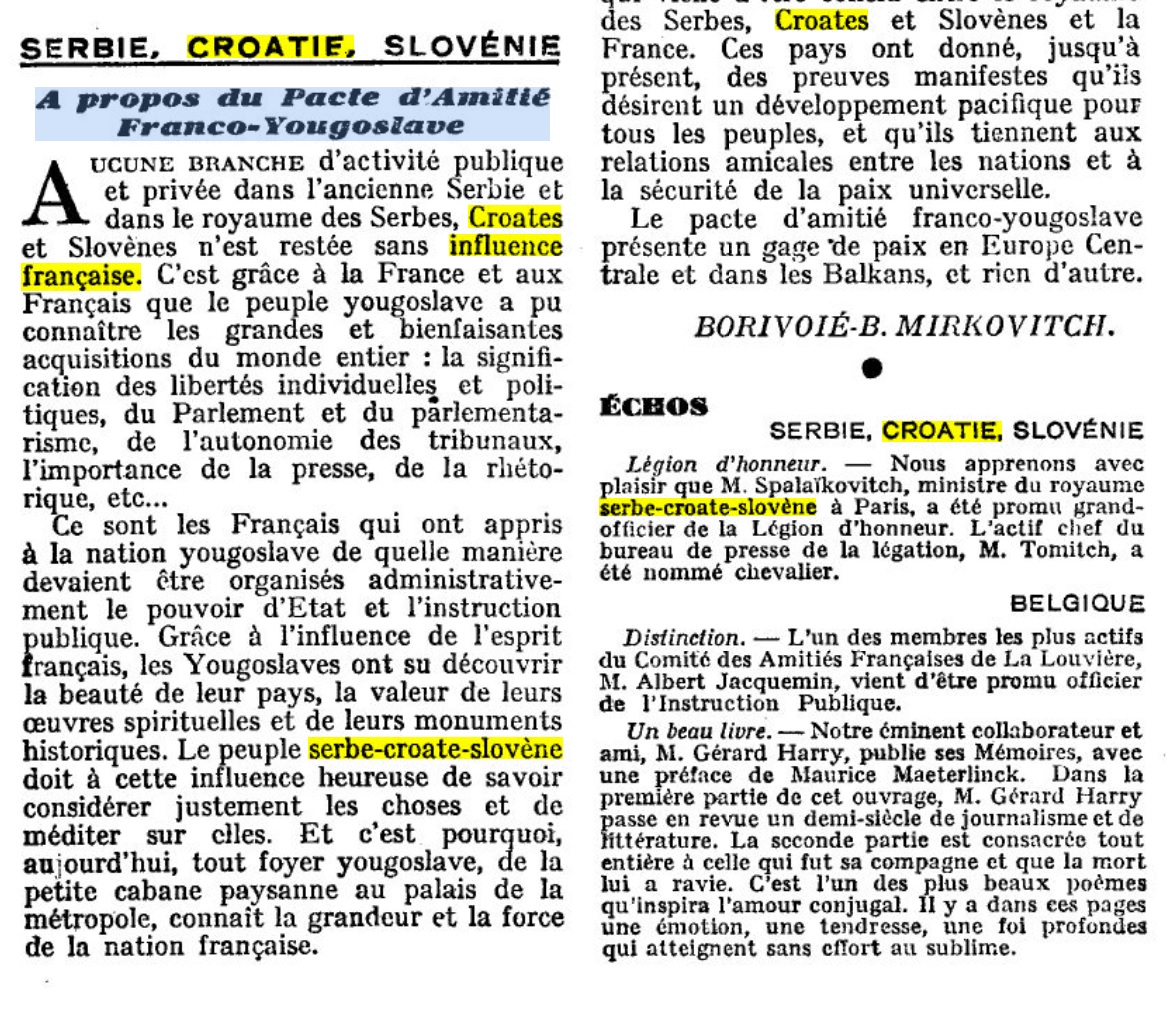 A propos au Pacte d’Amitié Franco-Yougoslave (BORIVOIÉ-B. MIRKOVITCH 1927) | Retronews