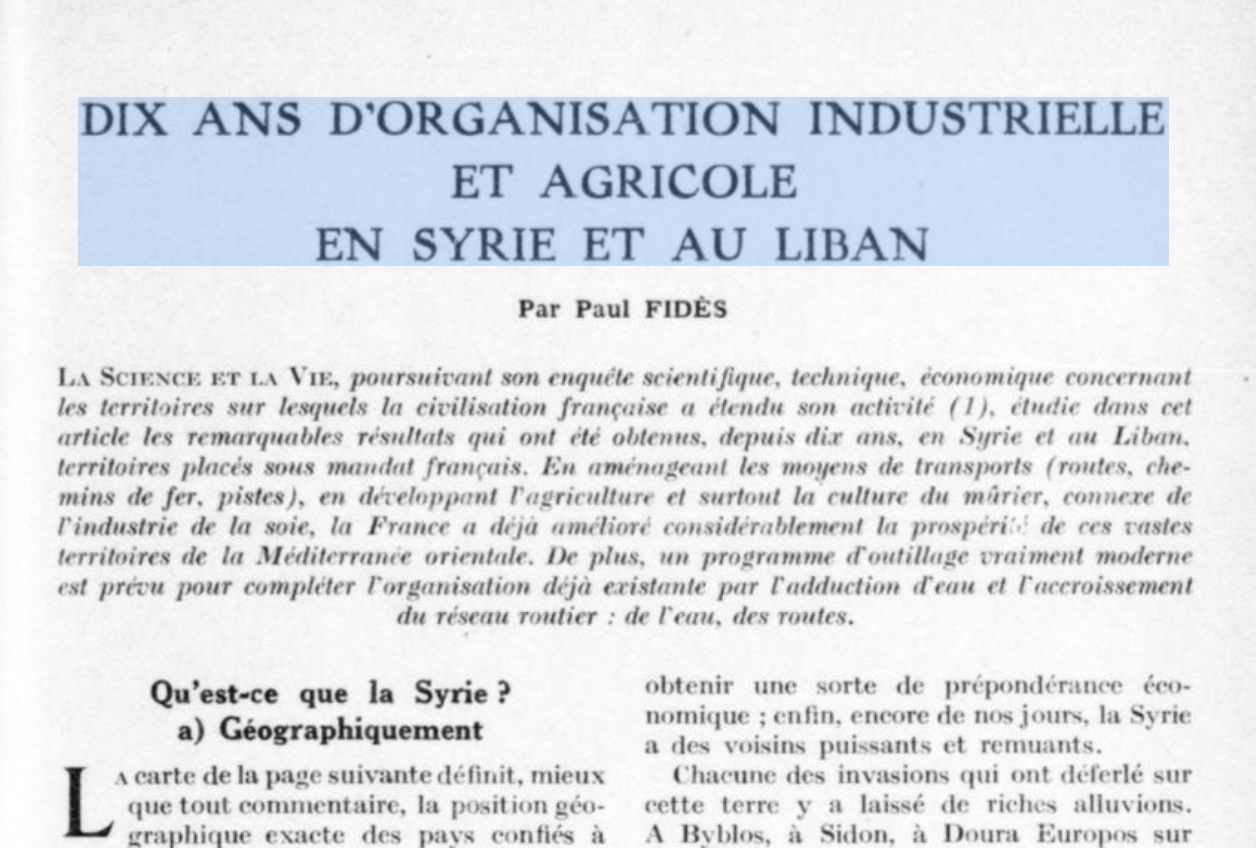 DIX ANS D’ORGANISATION INDUSTRIELLE ET AGRICOLE EN SYRIE ET AU LIBAN | Retronews