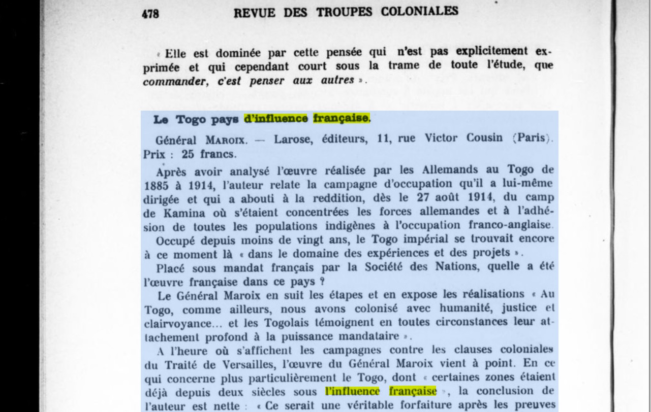 Le Togo pays d’influence française (compte rendu) Général Maroix. | Retronews