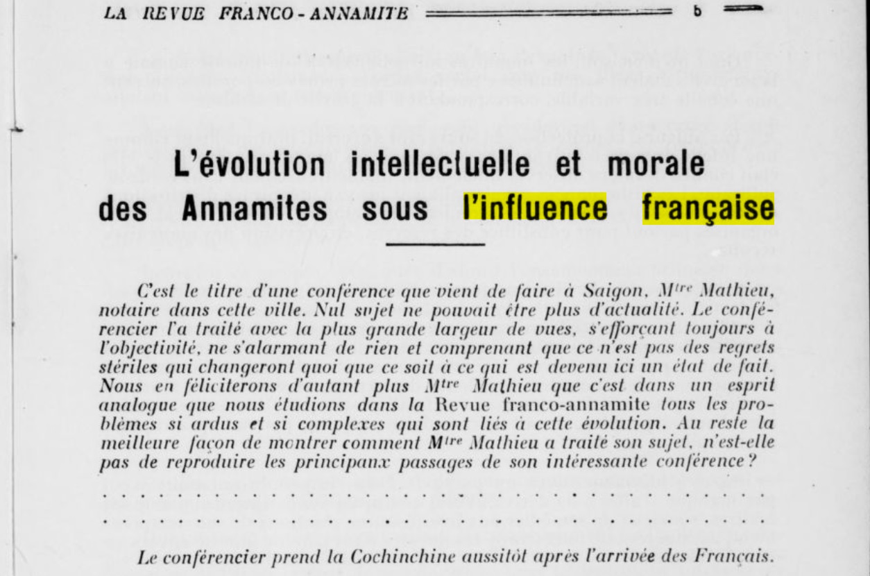 L’évolution intellectuelle et morale des Annamites sous l’influence française | Retronews