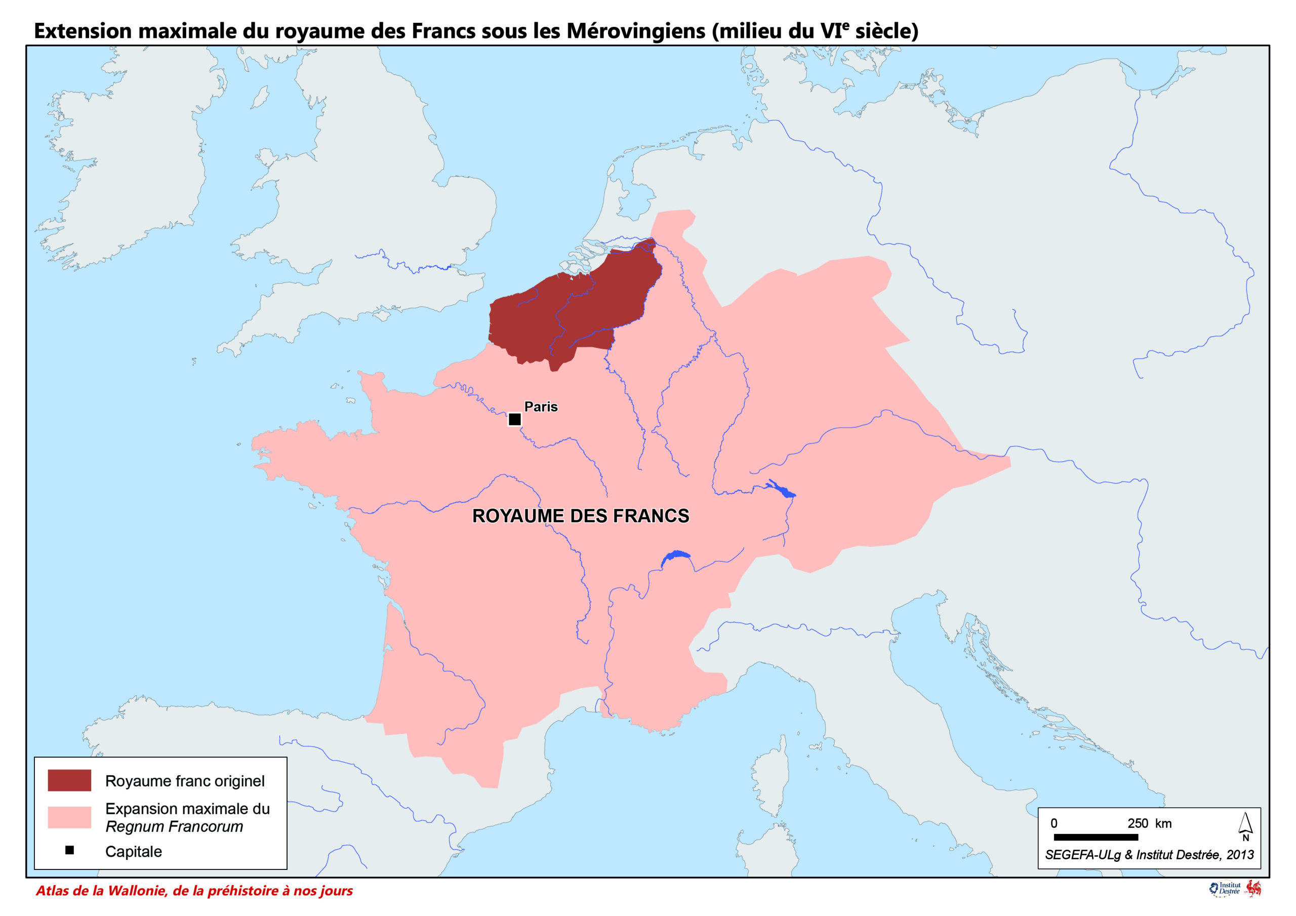 Extension maximale du royaume des Francs sous les Mérovingiens (milieu du VIe siècle)